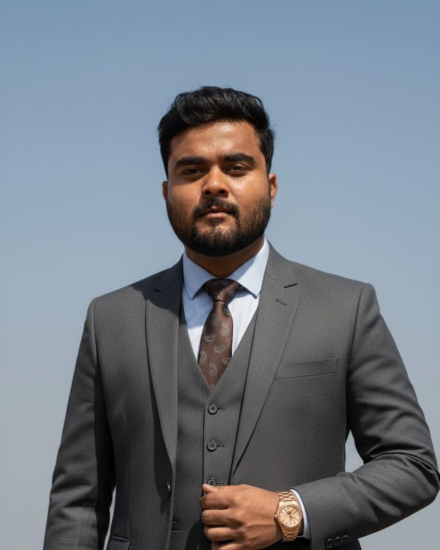 Portrait of Aditya in a charcoal three-piece suit and paisley tie against a clear sky.